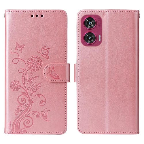 Funda de Cuero Motorola Edge 50 Fusion con Diseño de Mariposas y Flores en Relieve (Oro Rosa)