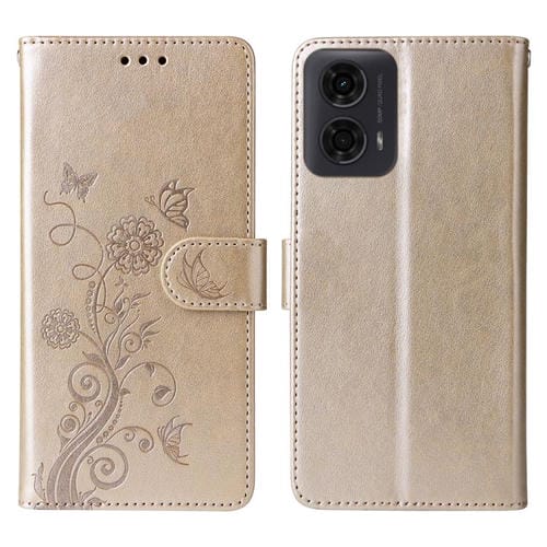 Funda de Cuero Motorola Moto G04/G04S/G24/E14 con Diseño Mariposas y Flores en Relieve (Dorada)