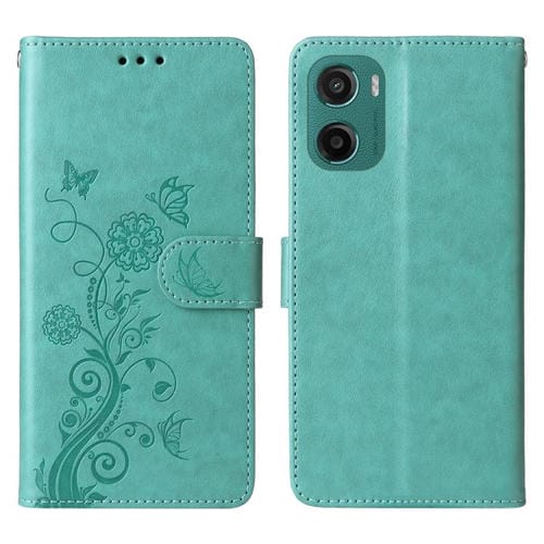 Funda de Cuero para Motorola Moto G05/E15 con Diseño de Mariposas y Flores en Relieve (Verde)