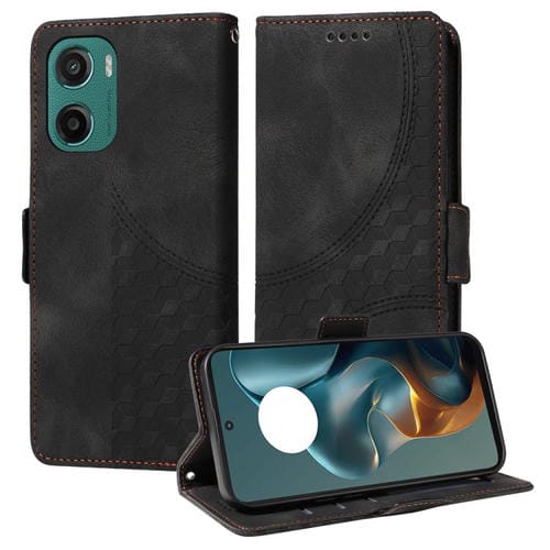 Funda de Cuero Motorola Moto G05/E15 con Diseño de Rombos y Estrellas en Relieve (Negra)