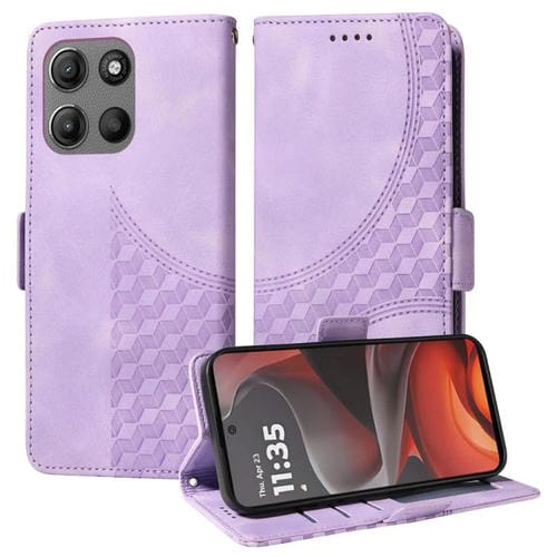 Funda de Cuero Motorola Moto G15/G15 Power con Rombos y Estrellas en Relieve (Morado)