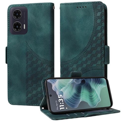 Funda de Cuero Motorola Moto G35 Diseño de Rombos y Estrellas En Relieve (Verde)