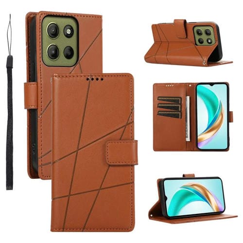 Funda para Teléfono Motorola Moto G15 con Textura de Cuero PU y Líneas en Relieve (Marrón)