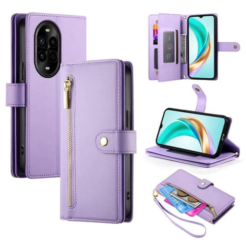 Funda de Cuero para Huawei Nova 13 Pro con 9 Ranuras para Tarjetas y Cremallera (Morado)