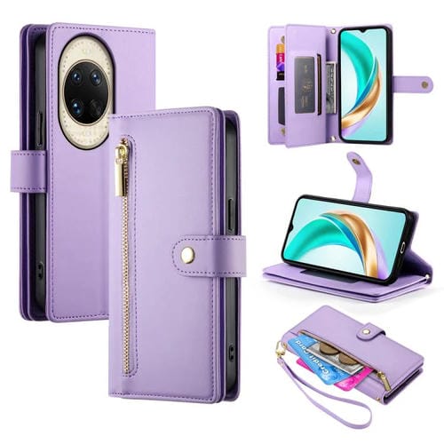 Funda de cuero con nueve ranuras para tarjetas y cremallera para Huawei nova 14 Ultra (morado)