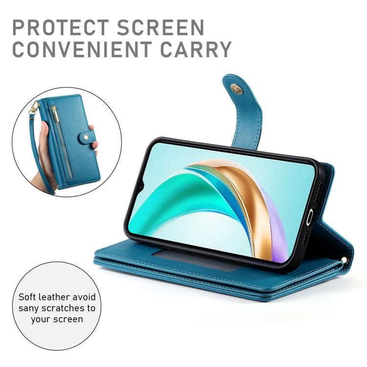 Funda de cuero con nueve ranuras para tarjetas y cremallera para Huawei nova 14 Ultra (azul)