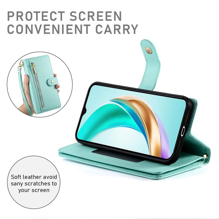 Funda de cuero con nueve ranuras para tarjetas y cremallera para Huawei nova 14 Pro (verde menta)