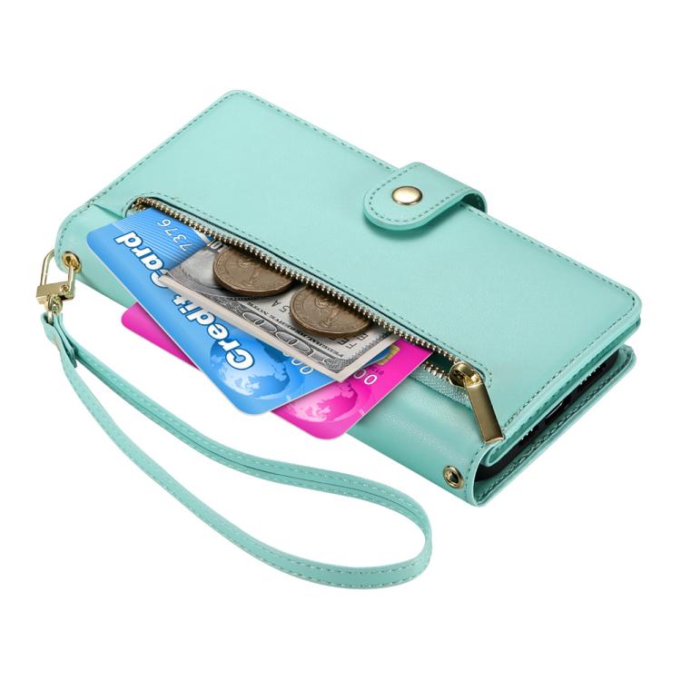 Funda de cuero con nueve ranuras para tarjetas y cremallera para Huawei nova 14 Pro (verde menta)
