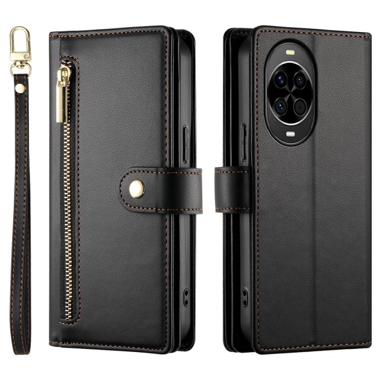 Funda de cuero con cremallera y ranuras para tarjetas para Huawei Nova 14 (negro)