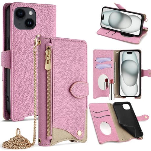 Funda de Piel de Lichi con Cadena Cruzada y Diseño de Cola de Pez para iPhone 15 (Rosa)