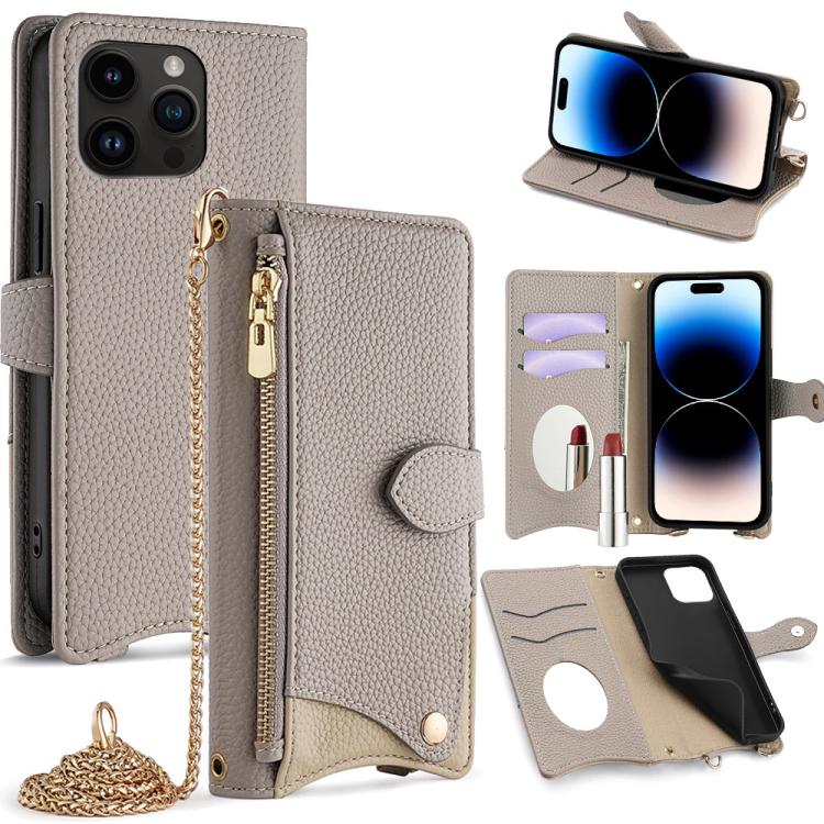 Funda de Piel de Lichi con Cadena Cruzada y Cola de Pez para iPhone 14 Pro (Gris)