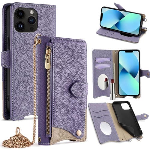 Funda de piel de Lichi con diseño de cola de pez y cadena cruzada para iPhone 13 Pro (Morada)