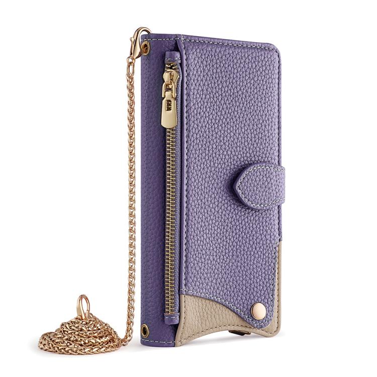 Funda de piel de Lichi con diseño de cola de pez y cadena cruzada para iPhone 13 Pro (Morada)
