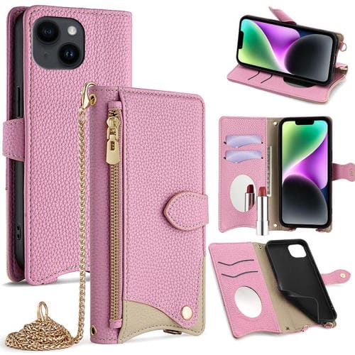 Funda de Piel de Lichi para iPhone 13 con Diseño de Cola de Pez y Cadena Cruzada (Marrón)