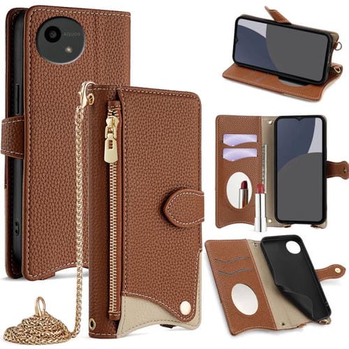 Funda para Teléfono Sharp Aquos Wish4 con Cadena Cruzada y Cola de Pez Cuero de Lichi (Marrón)