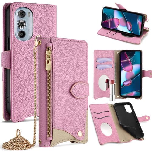 Funda Cuero Lichi con Cadena Cruzada y Cola de Pez para Motorola Edge+ (2022) / Edge 30 Pro (Rosa)