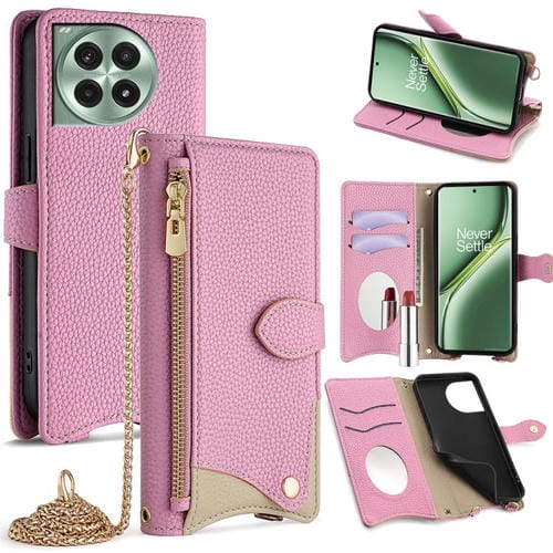 Funda de Cuero para OnePlus Ace 3 Pro con Cadena Cruzada y Diseño Cola de Pez (Rosa)