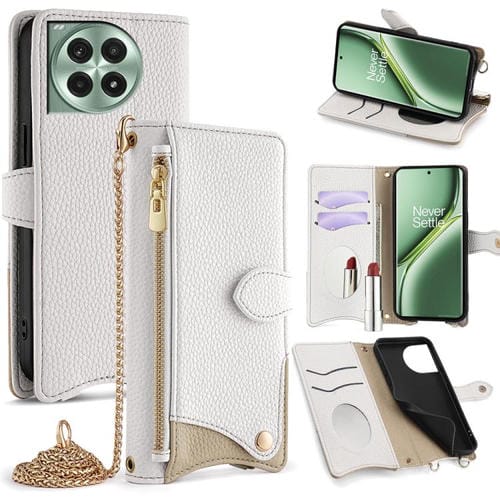 Funda de Cuero Tipo Lichi OnePlus Ace 3 Pro Diseño Cola de Pez Cadena Cruzada (Blanca)