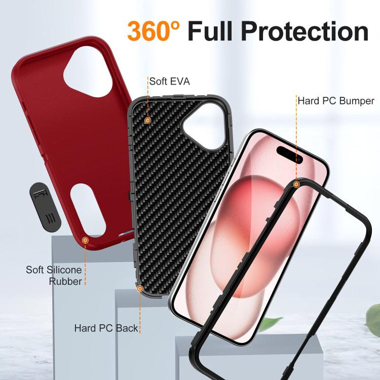 Funda de Silicona y PC Defender Gen2 para iPhone 16 Plus con Soporte (Rojo y Negro)