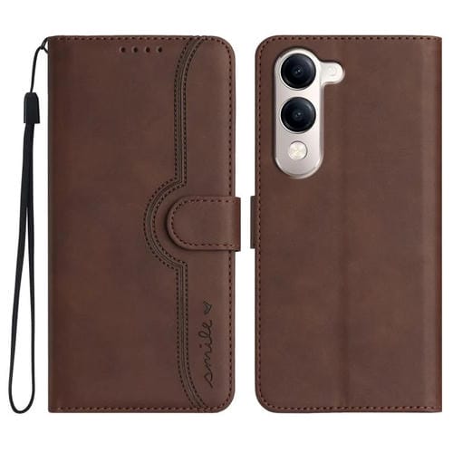 Funda de Cuero con Diseño de Corazón para Vivo Y29S 5G / Y04 4G (Marrón)