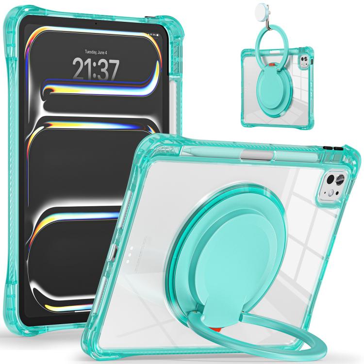 Funda Híbrida TPU para iPad Pro 11 (2024) con Asa Giratoria y Anillo (Verde Claro)