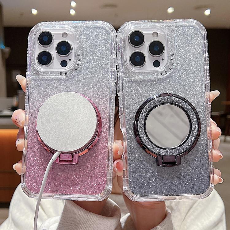 Funda para Teléfono Magsafe iPhone 15 Plus Soporte Espejo Purpurina (Plateada)