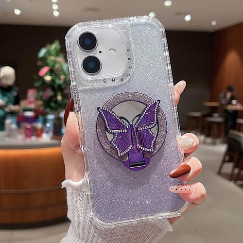 Funda para iPhone 16 con Soporte de Mariposa y Purpurina Magsafe (Morado)