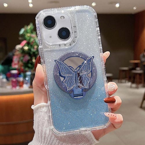 Funda para Teléfono iPhone 13 con Soporte Mariposa Espejo Purpurina Magsafe (Azul)