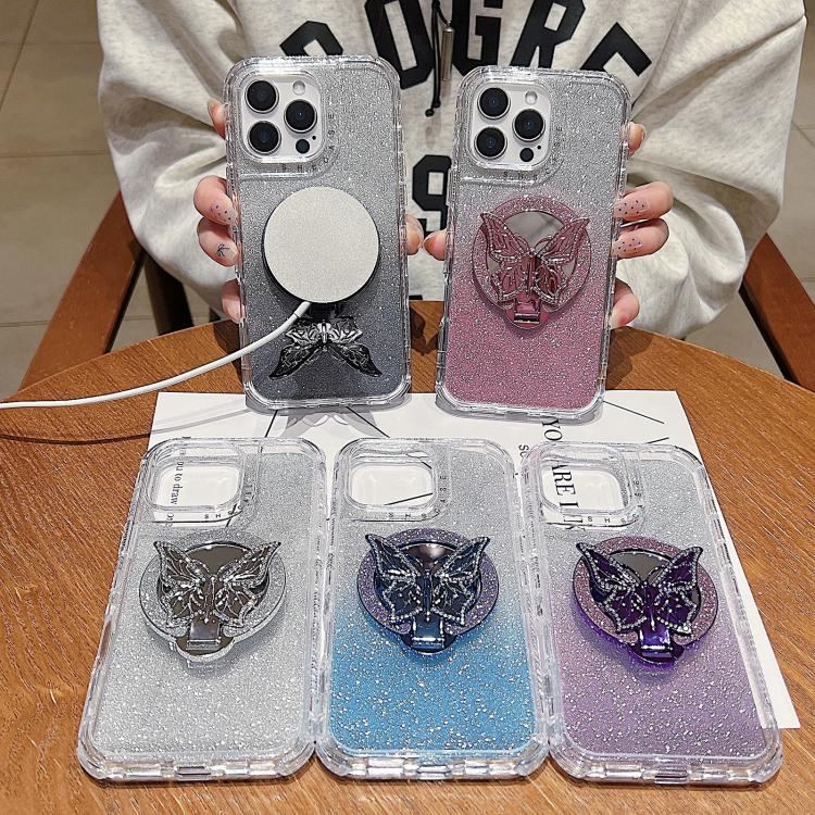 Funda para Teléfono iPhone 12 con Soporte de Mariposa Espejo Purpurina Magsafe (Azul)