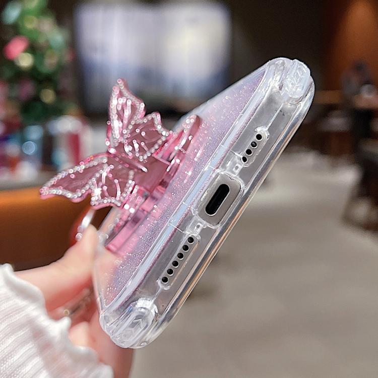 Funda para Teléfono iPhone 15 Plus Soporte Mariposa Espejo Purpurina Magsafe (Plateada)