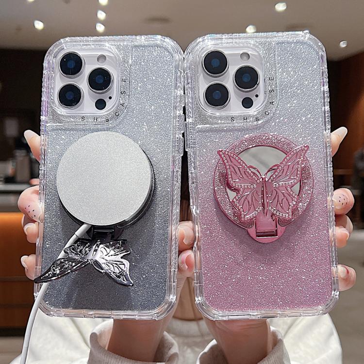 Funda para iPhone 16 Plus con Espejo y Mariposa con Purpurina y Soporte Magsafe (Rosa)
