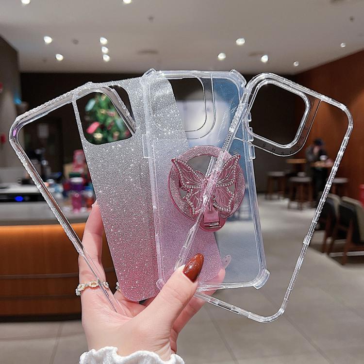 Funda para Teléfono iPhone 15 Plus Soporte Mariposa Espejo Purpurina Magsafe (Plateada)
