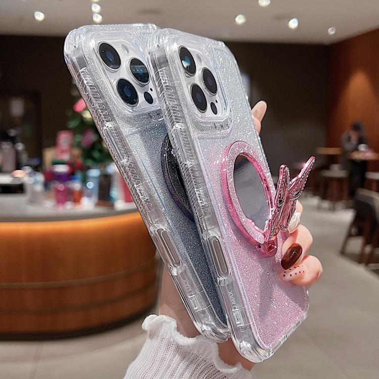 Funda para iPhone 16 Plus con Espejo y Mariposa con Purpurina y Soporte Magsafe (Rosa)
