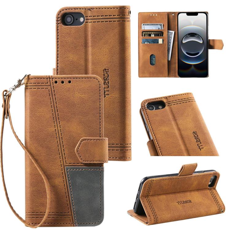 Funda de Cuero Ttudrch para iPhone 16E con Empalme de Líneas en Relieve (Marrón)