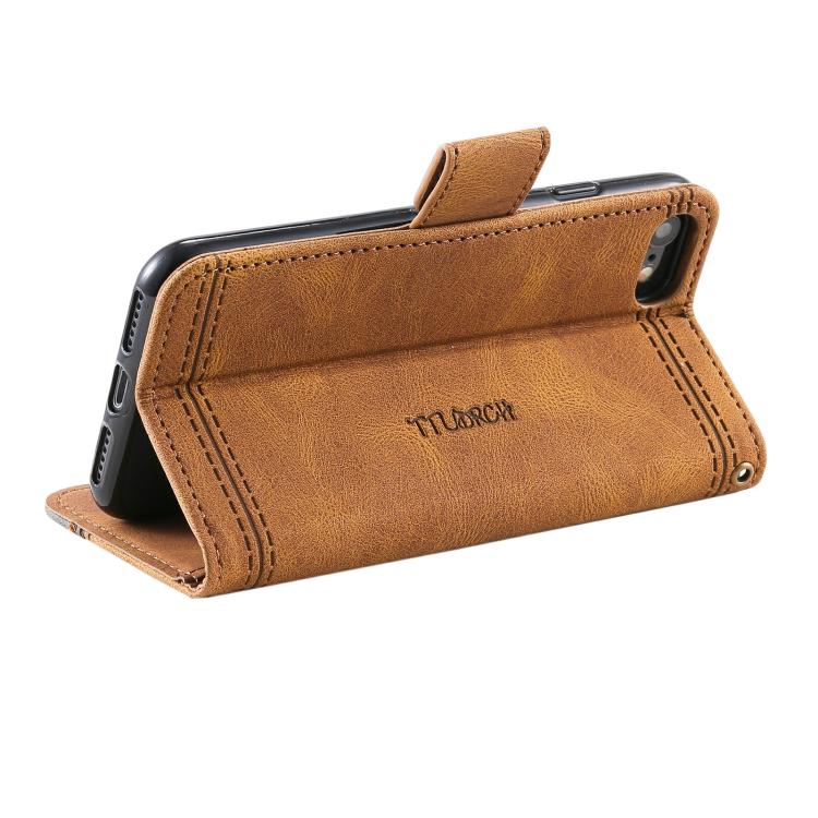 Funda de Cuero Ttudrch para iPhone 16E con Empalme de Líneas en Relieve (Marrón)