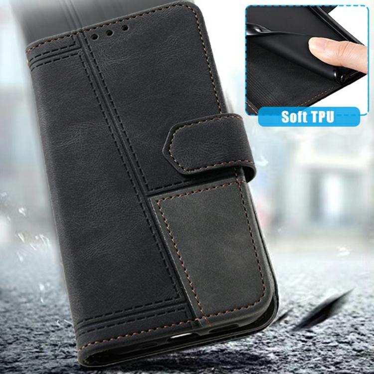Funda de Cuero Ttudrch para iPhone 16E con Empalme de Líneas en Relieve (Negra)