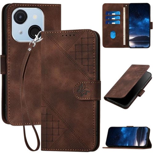 Funda de Cuero para Itel A50C con Diseño En Relieve de Mariposa y Cuadrícula con Cordón (Café)