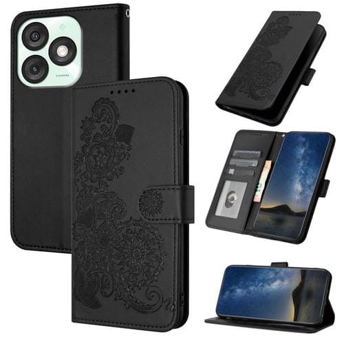 Funda de Cuero con Tapa para Itel A50 Diseño Flor de Datura en Relieve (Negra)