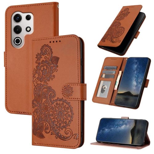Funda de Cuero con Tapa para Itel S25 Ultra con Relieve Flor de Datura (Marrón)