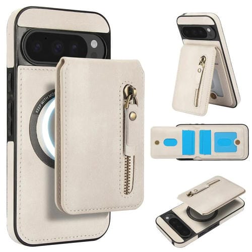 Funda de Cuero con Tapa Trasera Magsafe Dividida y Cremallera para Google Pixel 9 Pro XL (Blanca)
