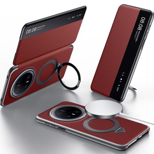 Funda de Cuero Sulada con Soporte Magnético Magsafe y Ventana Smart View para Huawei Mate 70 Pro/Mate 70 Pro+ (Rojo)