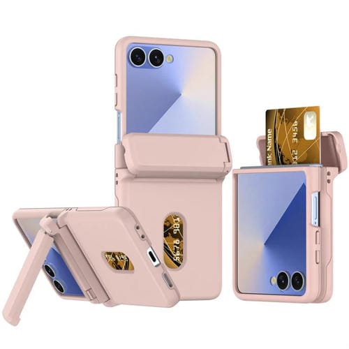 Funda plegable de PC con soporte y ranura para tarjeta y cadena de goma para Samsung Galaxy Z Flip7 5G (rosa)