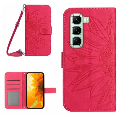 Funda de Cuero con Tapa para Infinix Hot 50 Pro 4G Diseño Girasol En Relieve (Rosa y Rojo)