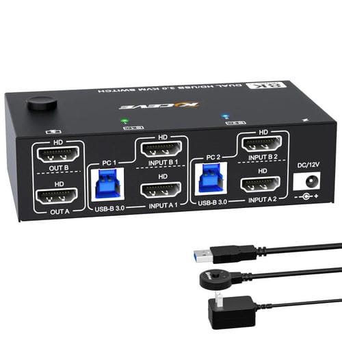 Conmutador KVM KC-KVM8202 de Dos Monitores USB 3.0/HDMI 8K 60 Hz con Dos Puertos y Enchufe Estadounidense