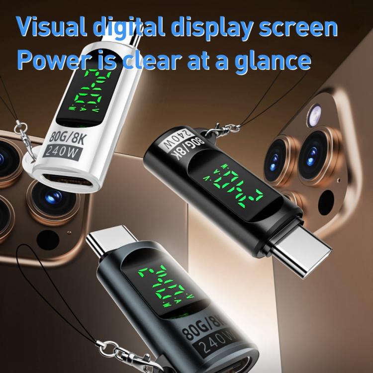 Adaptador Tipo C Macho a Tipo C Hembra 240 W 80 Gbps con Pantalla Digital (Negro)