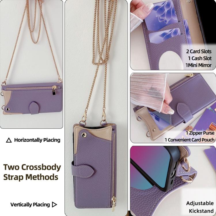 Funda de Cuero Lichi para TCL 503 con Diseño de Cola de Pez y Cadena Cruzada (Morado)