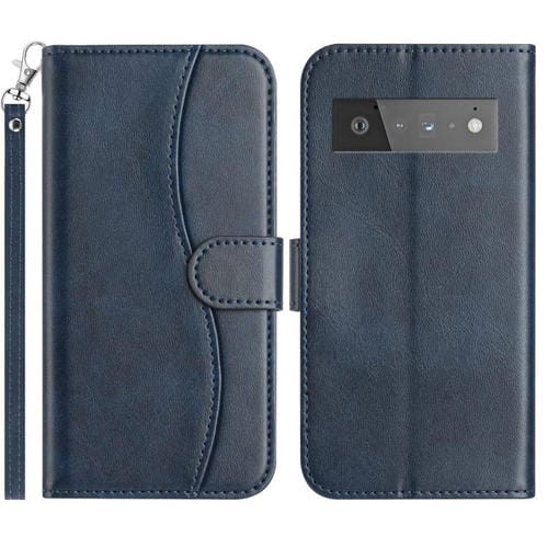 Funda de Cuero con Doble Pliegue en Forma de S para Google Pixel 6 Pro (Azul Marino)