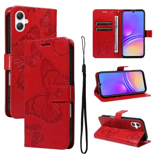 Funda de cuero con tapa y estampado de mariposas en relieve 3D para Samsung Galaxy A07 5G (roja)