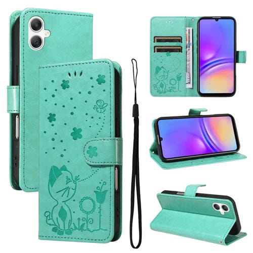Funda de piel con tapa y diseño de gato y abeja para Samsung Galaxy A07 5G (verde)