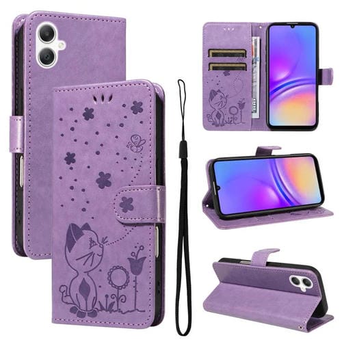Funda de piel con tapa y diseño de gato y abeja para Samsung Galaxy A07 5G (morada)